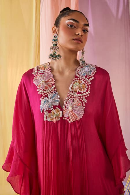 Shop_Anu Pellakuru_Pink Chiffon, Satin Embroidery Petunia Bloom Kaftan Tunic With Sharara Pant _Online_at_Aza_Fashions