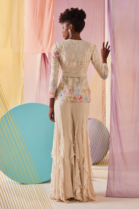 Anu Pellakuru Off White Silk, Georgette Embroidery, Ruffles Gardenia Jacket With Sharara Pant Online at Aza Fashions Anu Pellakuru_Off White Silk, Georgette Embroidery, Ruffles Gardenia Jacket With Sharara Pant _Online_at_Aza_Fashions