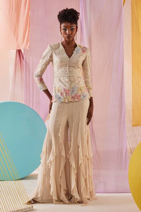 Buy Anu Pellakuru Off White Silk, Georgette Embroidery, Ruffles Gardenia Jacket With Sharara Pant Online at Aza Fashions Buy_Anu Pellakuru_Off White Silk, Georgette Embroidery, Ruffles Gardenia Jacket With Sharara Pant _Online_at_Aza_Fashions