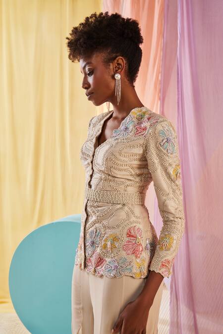 Shop Anu Pellakuru Off White Silk, Georgette Embroidery, Ruffles Gardenia Jacket With Sharara Pant Online at Aza Fashions Shop_Anu Pellakuru_Off White Silk, Georgette Embroidery, Ruffles Gardenia Jacket With Sharara Pant _Online_at_Aza_Fashions