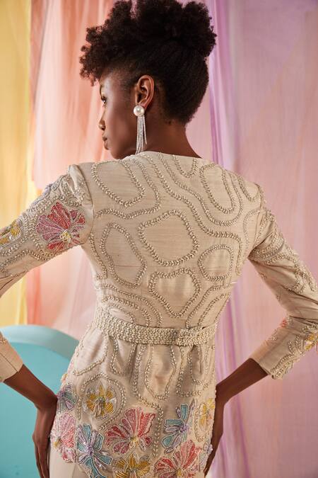 Anu Pellakuru Off White Silk, Georgette Embroidery, Ruffles Gardenia Jacket With Sharara Pant at Aza Fashions Anu Pellakuru_Off White Silk, Georgette Embroidery, Ruffles Gardenia Jacket With Sharara Pant _at_Aza_Fashions