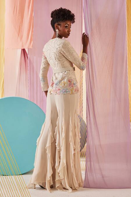 Buy Anu Pellakuru Off White Silk, Georgette Embroidery, Ruffles Gardenia Jacket With Sharara Pant Buy_Anu Pellakuru_Off White Silk, Georgette Embroidery, Ruffles Gardenia Jacket With Sharara Pant