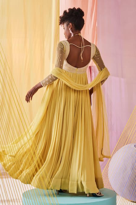 Shop Anu Pellakuru Yellow Chiffon, Silk, Net Beads, Pearls, Embroidery Bahar Anarkali With Dupatta at Aza Fashions Shop_Anu Pellakuru_Yellow Chiffon, Silk, Net Beads, Pearls, Embroidery Bahar Anarkali With Dupatta _at_Aza_Fashions