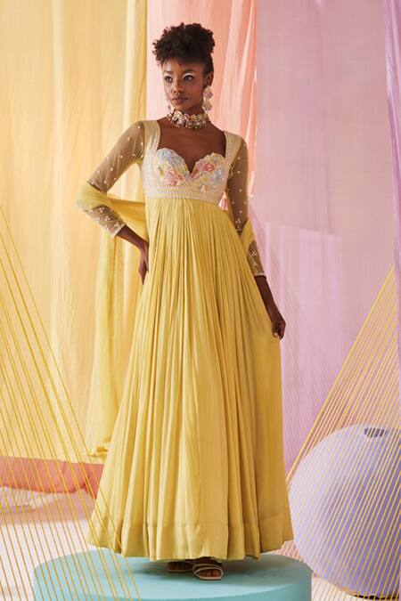 Anu Pellakuru Yellow Chiffon, Silk, Net Beads, Pearls, Embroidery Bahar Anarkali With Dupatta Online at Aza Fashions Anu Pellakuru_Yellow Chiffon, Silk, Net Beads, Pearls, Embroidery Bahar Anarkali With Dupatta _Online_at_Aza_Fashions