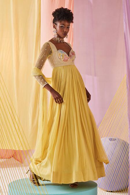 Buy Anu Pellakuru Yellow Chiffon, Silk, Net Beads, Pearls, Embroidery Bahar Anarkali With Dupatta Online at Aza Fashions Buy_Anu Pellakuru_Yellow Chiffon, Silk, Net Beads, Pearls, Embroidery Bahar Anarkali With Dupatta _Online_at_Aza_Fashions