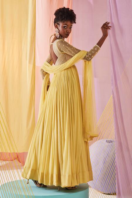 Shop Anu Pellakuru Yellow Chiffon, Silk, Net Beads, Pearls, Embroidery Bahar Anarkali With Dupatta Online at Aza Fashions Shop_Anu Pellakuru_Yellow Chiffon, Silk, Net Beads, Pearls, Embroidery Bahar Anarkali With Dupatta _Online_at_Aza_Fashions
