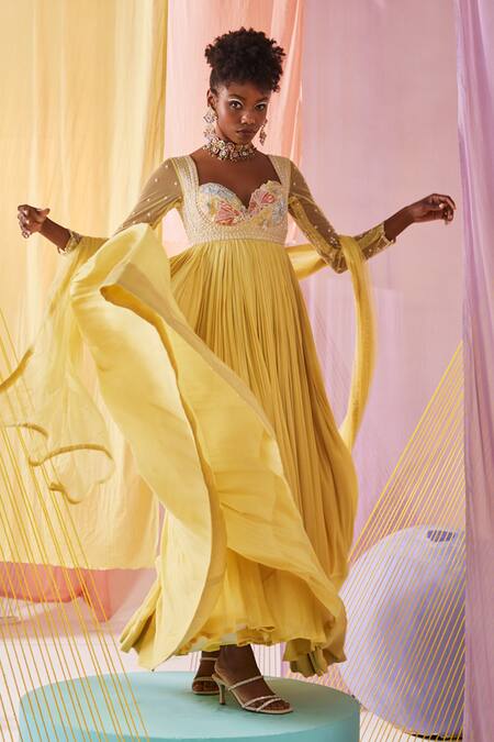 Anu Pellakuru Yellow Chiffon, Silk, Net Beads, Pearls, Embroidery Bahar Anarkali With Dupatta at Aza Fashions Anu Pellakuru_Yellow Chiffon, Silk, Net Beads, Pearls, Embroidery Bahar Anarkali With Dupatta _at_Aza_Fashions