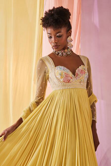 Buy Anu Pellakuru Yellow Chiffon, Silk, Net Beads, Pearls, Embroidery Bahar Anarkali With Dupatta Buy_Anu Pellakuru_Yellow Chiffon, Silk, Net Beads, Pearls, Embroidery Bahar Anarkali With Dupatta