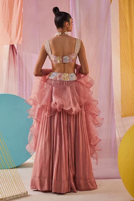 Anu Pellakuru Pink Silk, Organza, Chiffon Embroidery, Beads, Pearls Bloomy Garden Lehenga Set Online at Aza Fashions Anu Pellakuru_Pink Silk, Organza, Chiffon Embroidery, Beads, Pearls Bloomy Garden Lehenga Set _Online_at_Aza_Fashions