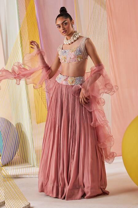 Shop Anu Pellakuru Pink Silk, Organza, Chiffon Embroidery, Beads, Pearls Bloomy Garden Lehenga Set Online at Aza Fashions Shop_Anu Pellakuru_Pink Silk, Organza, Chiffon Embroidery, Beads, Pearls Bloomy Garden Lehenga Set _Online_at_Aza_Fashions