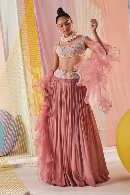 Anu Pellakuru Pink Silk, Organza, Chiffon Embroidery, Beads, Pearls Bloomy Garden Lehenga Set at Aza Fashions Anu Pellakuru_Pink Silk, Organza, Chiffon Embroidery, Beads, Pearls Bloomy Garden Lehenga Set _at_Aza_Fashions