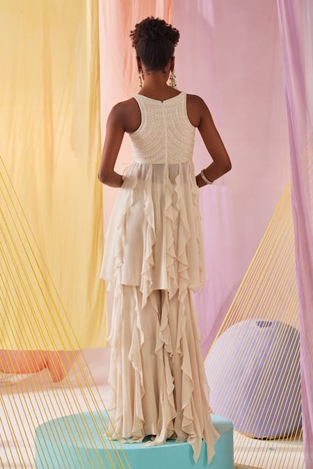 Shop Anu Pellakuru Off White Silk, Georgette Beads, Misty Garden Tunic With Sharara Pant at Aza Fashions Shop_Anu Pellakuru_Off White Silk, Georgette Beads, Misty Garden Tunic With Sharara Pant _at_Aza_Fashions