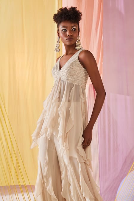 Buy Anu Pellakuru Off White Silk, Georgette Beads, Misty Garden Tunic With Sharara Pant Online at Aza Fashions Buy_Anu Pellakuru_Off White Silk, Georgette Beads, Misty Garden Tunic With Sharara Pant _Online_at_Aza_Fashions