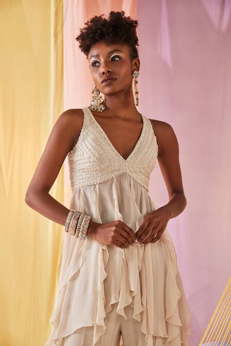 Shop Anu Pellakuru Off White Silk, Georgette Beads, Misty Garden Tunic With Sharara Pant Online at Aza Fashions Shop_Anu Pellakuru_Off White Silk, Georgette Beads, Misty Garden Tunic With Sharara Pant _Online_at_Aza_Fashions