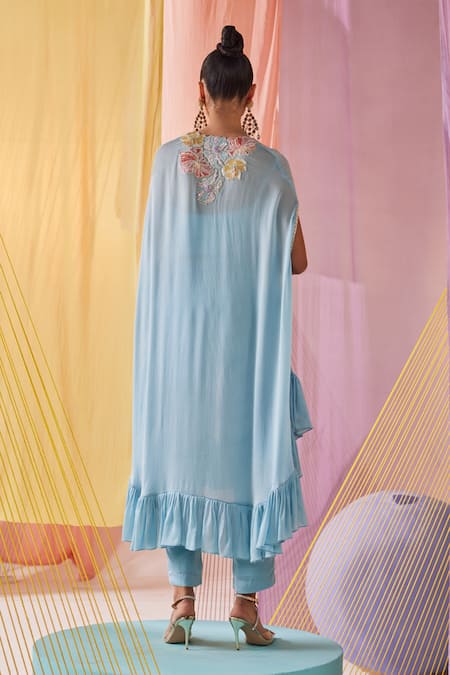 Shop Anu Pellakuru Blue Modal, Silk Pearls, Beads V-neck Gul Embroidered Front Slit Cape Pant Set at Aza Fashions Shop_Anu Pellakuru_Blue Modal, Silk Pearls, Beads V-neck Gul Embroidered Front Slit Cape Pant Set _at_Aza_Fashions