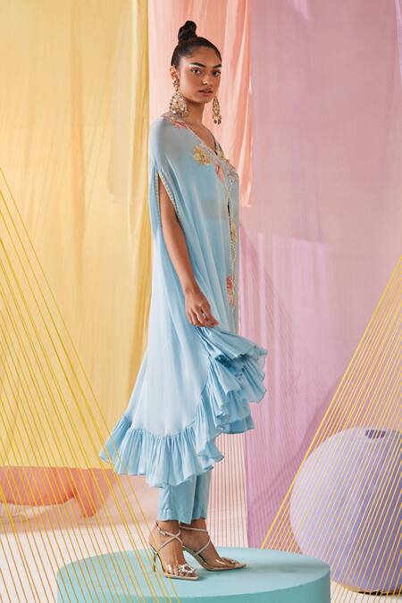 Anu Pellakuru Blue Modal, Silk Pearls, Beads V-neck Gul Embroidered Front Slit Cape Pant Set Online at Aza Fashions Anu Pellakuru_Blue Modal, Silk Pearls, Beads V-neck Gul Embroidered Front Slit Cape Pant Set _Online_at_Aza_Fashions