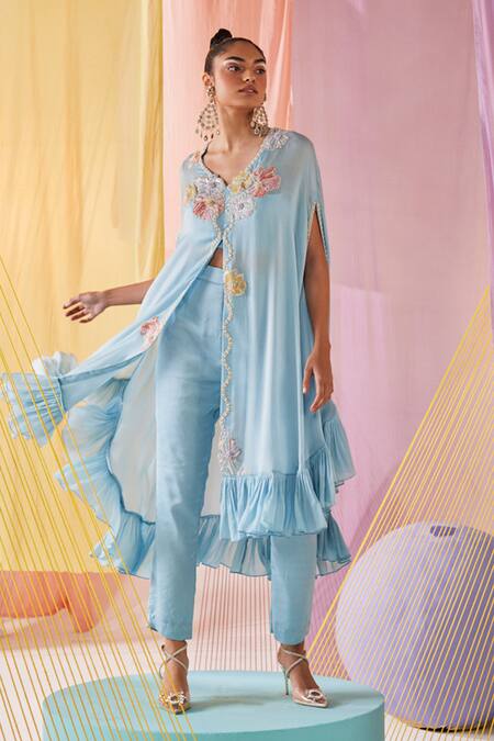 Buy Anu Pellakuru Blue Modal, Silk Pearls, Beads V-neck Gul Embroidered Front Slit Cape Pant Set Online at Aza Fashions Buy_Anu Pellakuru_Blue Modal, Silk Pearls, Beads V-neck Gul Embroidered Front Slit Cape Pant Set _Online_at_Aza_Fashions