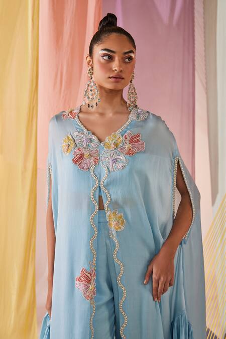 Shop Anu Pellakuru Blue Modal, Silk Pearls, Beads V-neck Gul Embroidered Front Slit Cape Pant Set Online at Aza Fashions Shop_Anu Pellakuru_Blue Modal, Silk Pearls, Beads V-neck Gul Embroidered Front Slit Cape Pant Set _Online_at_Aza_Fashions