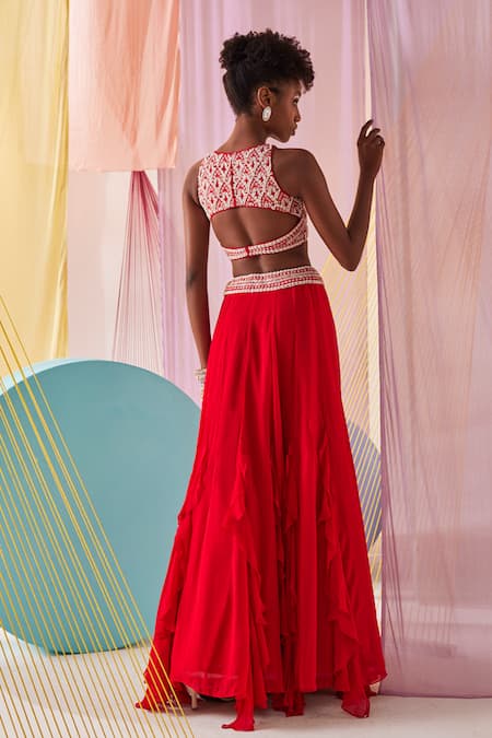 Anu Pellakuru Red Silk, Georgette Beads, Damask Embroidered Crop Top With Ruffled Lehenga Online at Aza Fashions Anu Pellakuru_Red Silk, Georgette Beads, Damask Embroidered Crop Top With Ruffled Lehenga _Online_at_Aza_Fashions