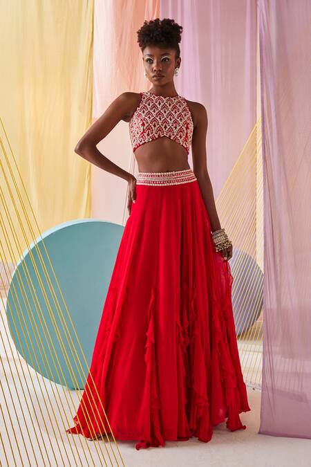 Buy Anu Pellakuru Red Silk, Georgette Beads, Damask Embroidered Crop Top With Ruffled Lehenga Online at Aza Fashions Buy_Anu Pellakuru_Red Silk, Georgette Beads, Damask Embroidered Crop Top With Ruffled Lehenga _Online_at_Aza_Fashions