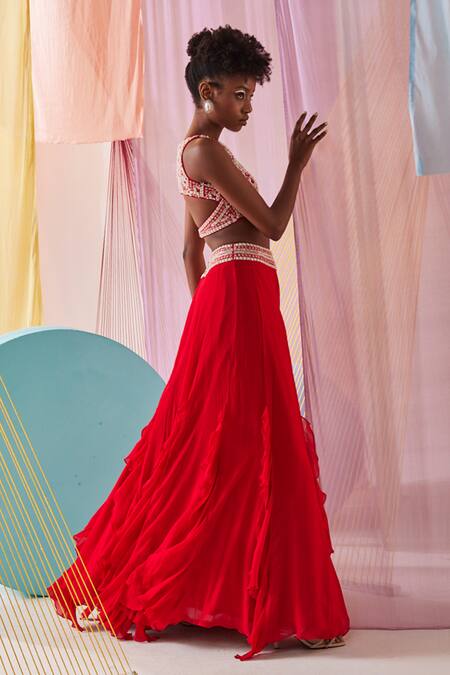 Shop Anu Pellakuru Red Silk, Georgette Beads, Damask Embroidered Crop Top With Ruffled Lehenga Online at Aza Fashions Shop_Anu Pellakuru_Red Silk, Georgette Beads, Damask Embroidered Crop Top With Ruffled Lehenga _Online_at_Aza_Fashions