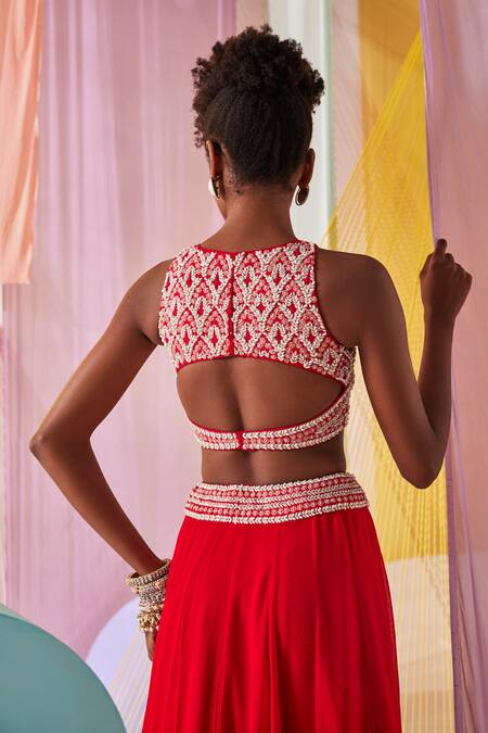 Anu Pellakuru Red Silk, Georgette Beads, Damask Embroidered Crop Top With Ruffled Lehenga at Aza Fashions Anu Pellakuru_Red Silk, Georgette Beads, Damask Embroidered Crop Top With Ruffled Lehenga _at_Aza_Fashions