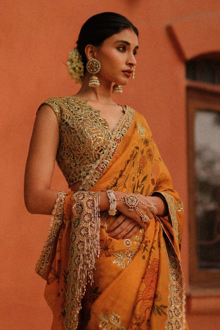 Buy Orange Organza, Silk Cut Kalamkari Floral Handpainted Saree