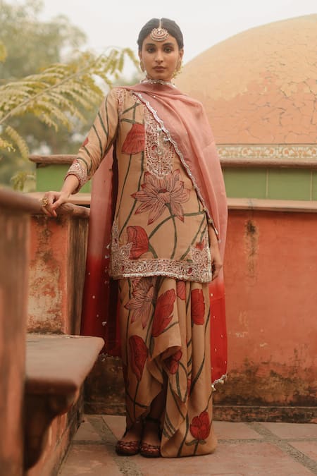 Archana Jaju Lotus Handpainted Kalamkari Kurta Skirt Set 