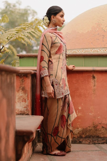 Buy Orange Satin, Silk Sequins Collared Lotus Handpainted