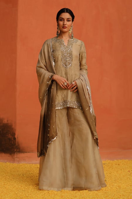 Archana Jaju Beige Handwoven Organza Silk Threadwork Cutwork Blossom Kurta Sharara Set 