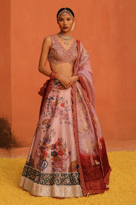 Archana Jaju Purple Lehenga Handwoven Soft Silk Hand Kalamkari Floral Set 