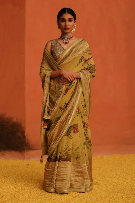 Archana Jaju Yellow Kalamkari Hand Painted Geometric Floral Saree 