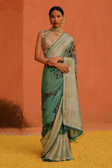 Archana Jaju Blue Kalamkari Hand Painted Geometric Floral Honeycomb Saree 