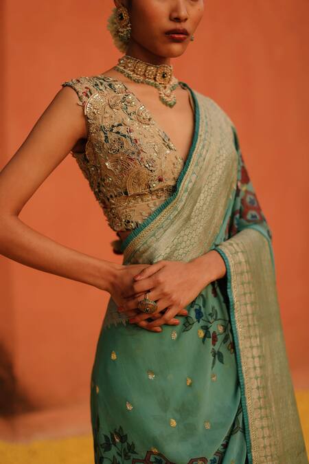 Archana Jaju_Blue Embroidery Floral Honeycomb Kalamkari Handpainted Saree_Online_at_Aza_Fashions