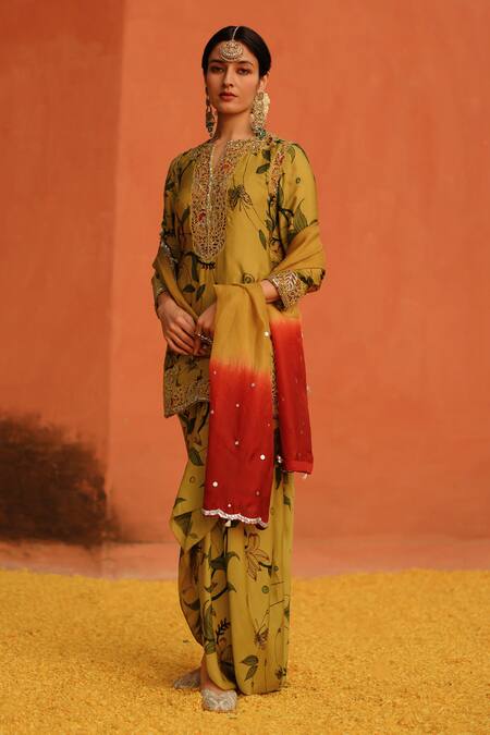 Buy Archana Jaju Yellow Satin, Silk Embroidery, Sequins, Kalamkari Handpainted Kurta Skirt Set Online at Aza Fashions Buy_Archana Jaju_Yellow Satin, Silk Embroidery, Sequins, Kalamkari Handpainted Kurta Skirt Set_Online_at_Aza_Fashions