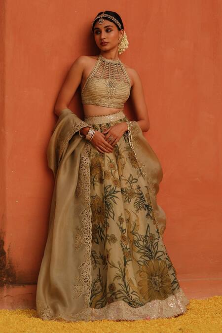 Archana Jaju Beige Handloom Cotton, Silk, Organza Cut Floral Jaal Handpainted Lehenga Set Online at Aza Fashions Archana Jaju_Beige Handloom Cotton, Silk, Organza Cut Floral Jaal Handpainted Lehenga Set_Online_at_Aza_Fashions