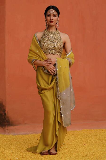 Archana Jaju Yellow Satin, Silk Sequins Halter Neck Floral Cut-work Blouse Draped Skirt Set Online at Aza Fashions Archana Jaju_Yellow Satin, Silk Sequins Halter Neck Floral Cut-work Blouse Draped Skirt Set_Online_at_Aza_Fashions