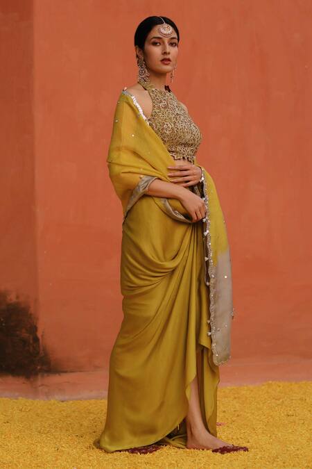 Buy Archana Jaju Yellow Satin, Silk Sequins Halter Neck Floral Cut-work Blouse Draped Skirt Set Online at Aza Fashions Buy_Archana Jaju_Yellow Satin, Silk Sequins Halter Neck Floral Cut-work Blouse Draped Skirt Set_Online_at_Aza_Fashions