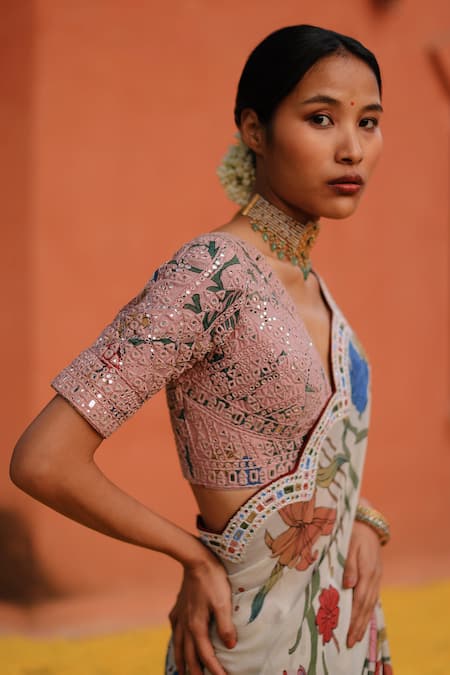 Archana Jaju_Multi Color Chiffon, Silk Floral Kalamkari Handpainted Saree With Blouse_Online_at_Aza_Fashions