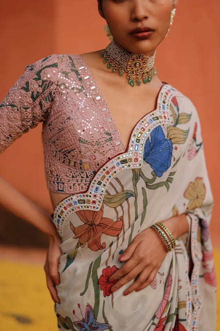 Buy_Archana Jaju_Multi Color Chiffon, Silk Floral Kalamkari Handpainted Saree With Blouse_Online_at_Aza_Fashions