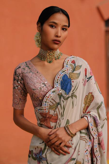 Archana Jaju_Multi Color Chiffon, Silk Floral Kalamkari Handpainted Saree With Blouse_at_Aza_Fashions