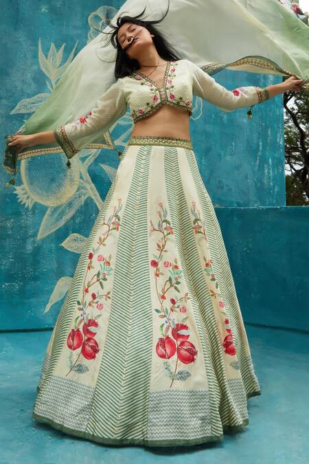 Buy_Basil Leaf_Beige Viscose, Chiffon, Organza Sequins, Pomegranate Veil Print Lehenga Set_Online_at_Aza_Fashions