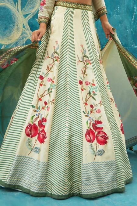 Shop_Basil Leaf_Beige Viscose, Chiffon, Organza Sequins, Pomegranate Veil Print Lehenga Set_Online_at_Aza_Fashions
