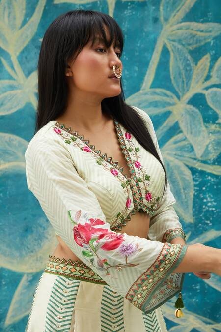 Basil Leaf_Beige Viscose, Chiffon, Organza Sequins, Pomegranate Veil Print Lehenga Set_at_Aza_Fashions