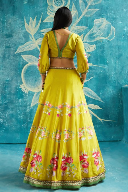 Shop_Basil Leaf_Yellow Viscose, Tussar, Chiffon, Organza Floral Print Lehenga Blouse Set _at_Aza_Fashions