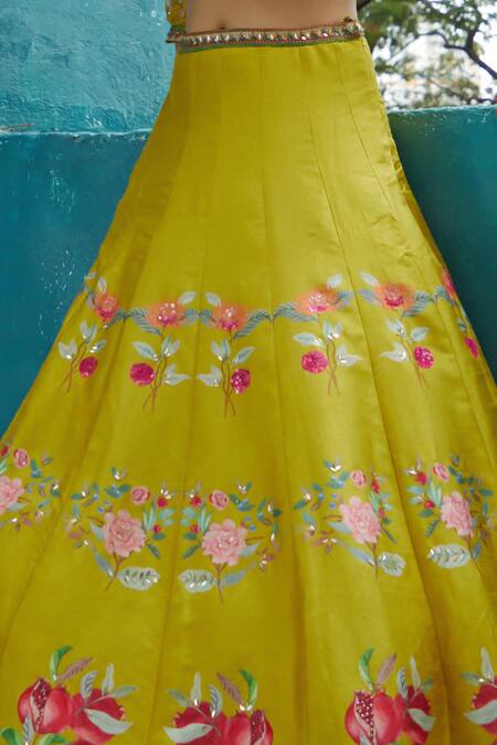 Basil Leaf_Yellow Viscose, Tussar, Chiffon, Organza Floral Print Lehenga Blouse Set _Online_at_Aza_Fashions