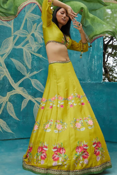 Buy_Basil Leaf_Yellow Viscose, Tussar, Chiffon, Organza Floral Print Lehenga Blouse Set _Online_at_Aza_Fashions