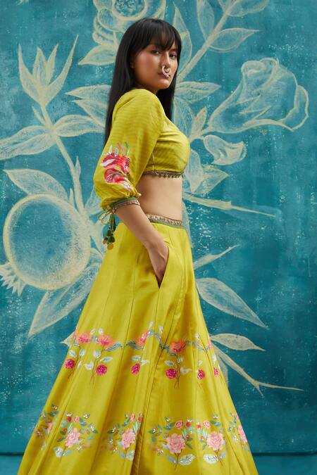 Shop_Basil Leaf_Yellow Viscose, Tussar, Chiffon, Organza Floral Print Lehenga Blouse Set _Online_at_Aza_Fashions