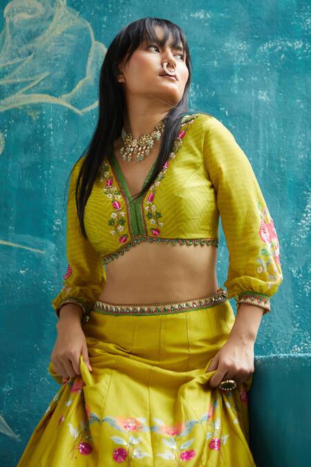 Basil Leaf_Yellow Viscose, Tussar, Chiffon, Organza Floral Print Lehenga Blouse Set _at_Aza_Fashions