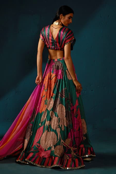 Shop_Basil Leaf_Multi Color Organza, Gingham Sequins, Floral Pattern Lehenga Blouse Set _at_Aza_Fashions